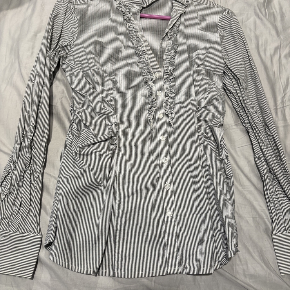 White House Black Market Black & White Pinstripe Ruffle-Trim Button Down